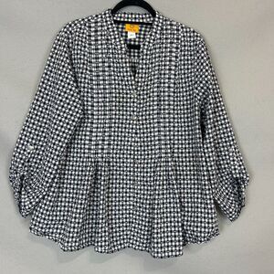 Ruby Rd. Womens L Navy White Gingham Embellished Button Front Peplum Blouse Top